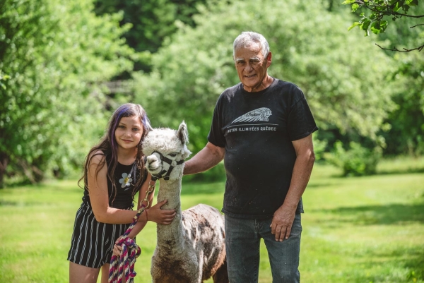 Notre fille et son grand-père avec un alpagas